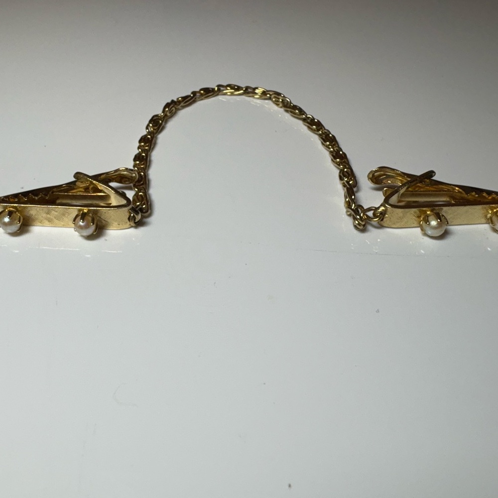 Vintage Gold Tone Sweater Guard/Clip with Faux Pearl Accents